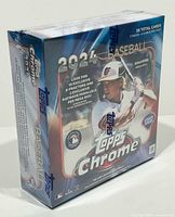 Angled front-left view of sealed Topps Chrome box showing packaging design and intact shrink-wrap.