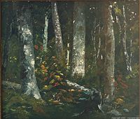 Close up of the oil painting focused on trees and foliage illustrating the textured brushwork and color palette.