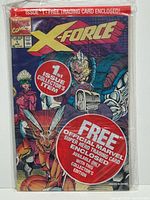 Front view of Marvel X-Force #1 comic book, showing the cover art and collector's item stickers.