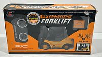 Front view of the packaged mini remote control engineering forklift toy, showing product name and forklift visible through window.
