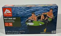 Front of box showing raft boat set on water with two people in life jackets and product branding.