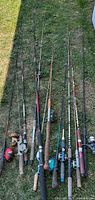 Overall view of 11 fishing rods laid out on grass, showing various handle types and reels attached, some wooden and cork handles visible.