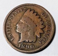 Front side of the 1890 Indian Head penny showing Native American head and date.