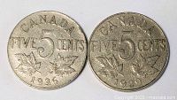 Both 1929 and 1936 Canadian nickel 5 cent coins, obverse showing large 5 and maple leaves with Canada inscription at top.