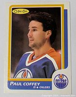 Front view of 1986 Paul Coffey hockey card in Edmonton Oilers uniform shows player image and branding.