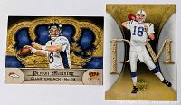 Two Peyton Manning football trading cards with crown-themed backgrounds, one Ultra Joe Montana Series and one Crown Royale.