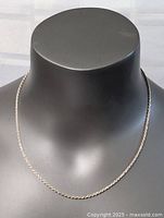 Front view of the sterling silver twisted rope chain necklace displayed on a mannequin bust under natural light, showing the full length and chain design.