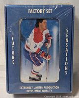 Front view of unopened 'Future Sensations' hockey card factory set box showing the original wrap and hockey player image.
