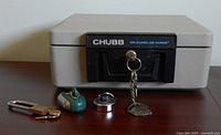 Closed Chubb safe with three locks and keys displayed