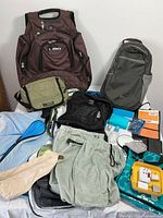 Overview photo of an OGIO backpack, Lowepro sling backpack, small green REI bag, beige money belt, blue travel organizer, and assorted travel items