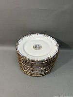 Stack of 14 white Limoges France dinner plates with cameo design and ornate gold-brown border detailing.