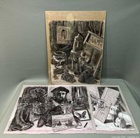 Photo showing three pastel drawings with abstract and expressionist themes including glassware, kettles, bottles, framed images, and figures.