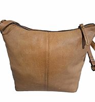 Front view of tan leather crossbody with zip closure and adjustable strap