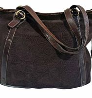 Front view of dark brown suede handbag showing embossed pattern, leather trim and dual straps