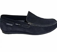 Side view of single loafer showing suede upper, contrast stitching and Mephisto tag