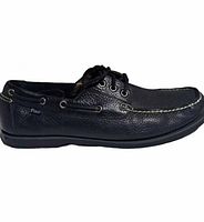 Side profile of right shoe showing pebble leather and moc toe