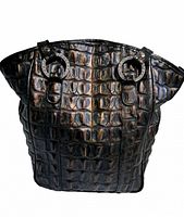 Front view of Raviani croc-embossed leather bucket bag with ring handles