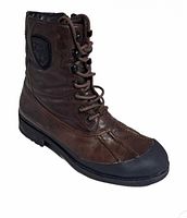 Three-quarter view of single boot showing lace front, leather upper, rubber toe, outsole