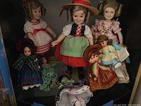 Shelf view of eight dolls showing front and back rows, detailing costumes and materials