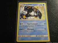 Close-up of Empoleon Pokemon card showcasing artwork, attacks, health and details.