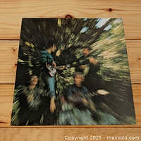 Front cover of Creedence Clearwater Revival Bayou Country LP showing blurred motion image of band members in wooded setting.