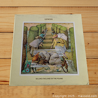 Front cover of Genesis 'Selling England by the Pound' LP showing distinctive garden artwork featuring figures and greenery on wooden surface background.