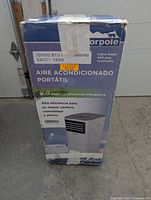 Box of Norpole portable air conditioner indicating 10000 BTU cooling capacity and coverage up to 450 sq ft.