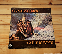 Front of the 'Talking Book' vinyl LP album cover showing Stevie Wonder sitting outdoors in a brown/red robe with album title in orange lettering.