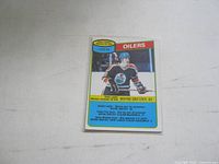 Front side of Wayne Gretzky 1979/80 Edmonton Oilers goal leader card showing player image, stats, and team logo.