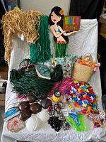 Full view of all lot items including grass skirts, coconut bras, flower leis, tote bags, and decorations arranged against a white backdrop.