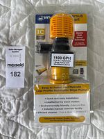 Front view of Whale Supersub Smart automatic bilge pump in original packaging with label indicating 1100 GPH and 12V DC automatic bilge pump with non-return valve.