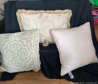 Front view of all three decorative pillows showing different beige and neutral textures and patterns including tassels and fringe on rectangular pillow.