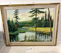Frontal view of the framed original oil painting showing the nature scene of river and trees