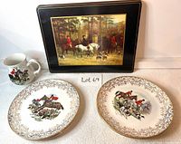 Full lot showing oversized Sadler ceramic beer mug, 2 American Ironstone plates with gold pattern and fox hunt scenes, and large placemat with vintage fox hunt painting.