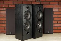 Pair of speakers with grilles removed showing drivers against brick wall.