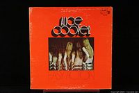 Front cover of Alice Cooper Easy Action vinyl LP showing red cover with photo of band members' backs.