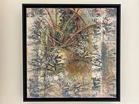 Full front view of square framed mixed media painting against white wall