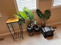 Wide shot showing all items including three faux plants in planters, black metal plant stand, and decorative storage box