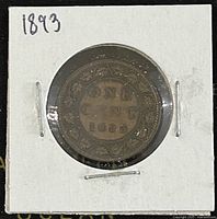 Reverse side of 1893 Canadian Queen Victoria Large One Cent coin showing denomination, year, and wreath design.