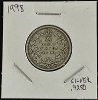 Reverse of coin showing denomination '25 CENTS CANADA' with maple leaves and dates '1908-1998'.
