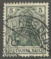 Front view of a green 1915 Germany Deutsches Reich 5 Pfennig postage stamp, showing the crowned imperial eagle design, denomination, and cancellation marks.