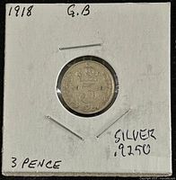 Reverse view showing crowned numeral 3 and inscription '1918 G.B.' with silver content '9250' noted on holder.