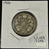 Reverse of silver coin with denomination 25 cents and year 1920 surrounded by maple leaves