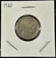 Obverse side of the 1920 Buffalo nickel coin showing Native American profile and year 1920.