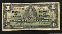 Front image of the 1937 Canadian one dollar banknote with King George V portrait, visible serial number and signatures.