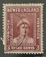 Front view of the used 3 cent Newfoundland postage stamp featuring a royal portrait in maroon color with cancellation marks and perforated edges.