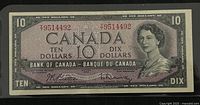 Front of the 1954 Canadian $10 banknote showing Queen Elizabeth II and denomination details.