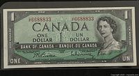 Front view of 1954 Canadian one dollar banknote showing Queen Elizabeth II and serial number 6688833