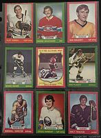 Front view of 9 vintage 1973-74 O-Pee-Chee NHL hockey player cards with various teams and players.