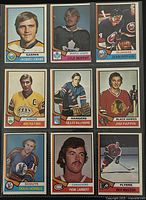 Front view of nine 1974-75 O-Pee-Chee NHL hockey player trading cards arranged in a 3x3 grid, showing player portraits, names, and teams.